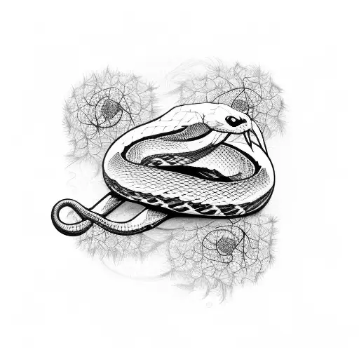 Snake wrapped around a straight sword covered in dandelions  tattoo design idea