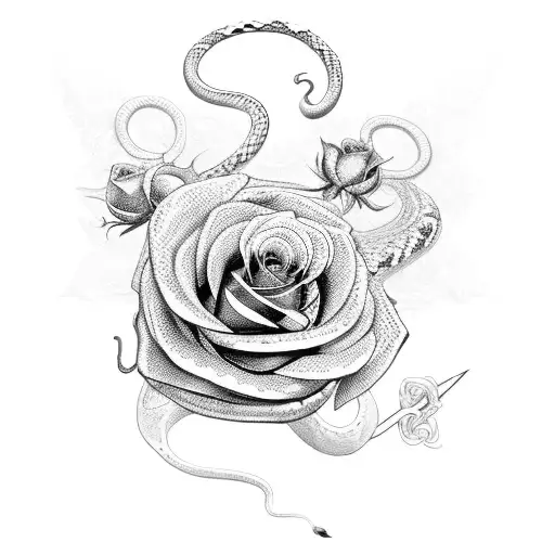 Sword with snake wrapped around with bouquet of roses tattoo design idea