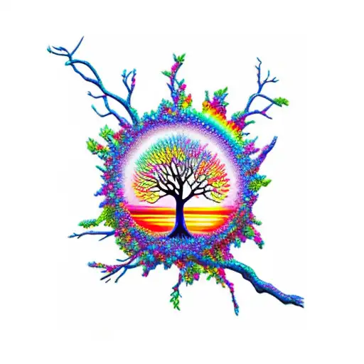 hazelwood tree with hunmingbird cardinal crystals sunset rainbow hazel blue music guitar earth nature water tattoo design idea