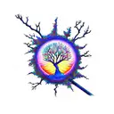 hazelwood tree with hunmingbird cardinal crystals sunset rainbow hazel blue music guitar earth nature water tattoo design idea