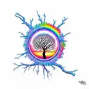 hazelwood tree with hunmingbird cardinal crystals sunset rainbow hazel blue music guitar earth nature water tattoo design idea
