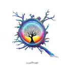 hazelwood tree with hunmingbird cardinal crystals sunset rainbow hazel blue music guitar earth nature water tattoo design idea