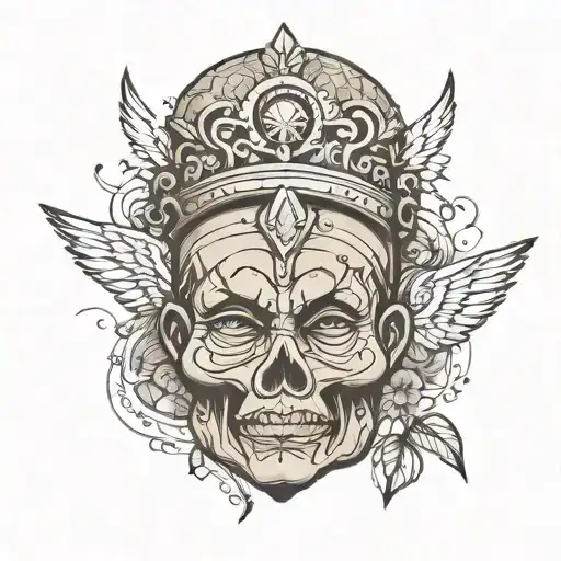 Generate a tattoo idea in the quadriceps involving Bahay kubo, grandma with an angel crown on her head infront of bahay  tattoo design idea