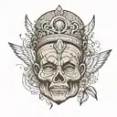 Generate a tattoo idea in the quadriceps involving Bahay kubo, grandma with an angel crown on her head infront of bahay  tattoo design idea