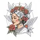 Generate a tattoo idea in the quadriceps involving Bahay kubo, grandma with an angel crown on her head infront of bahay  tattoo design idea
