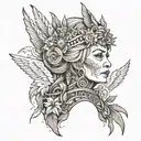 Generate a tattoo idea in the quadriceps involving Bahay kubo, grandma with an angel crown on her head infront of bahay  tattoo design idea