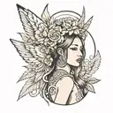 Generate a tattoo idea in the quadriceps involving Bahay kubo, grandma with an angel crown on her head infront of bahay  tattoo design idea