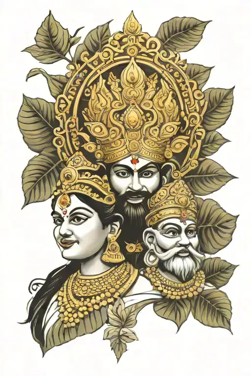 kerala god muthappan portrait with godess devi symbol and dad mom brother element along with maple leaf  tattoo design idea
