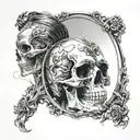 skull reflection with mirror and women posing tattoo design idea