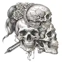 skull reflection with mirror and women posing tattoo design idea
