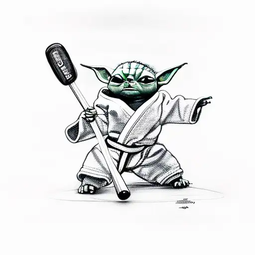 Baby Yoda wearing a BJJ gray and black belt holding a softball tattoo design idea
