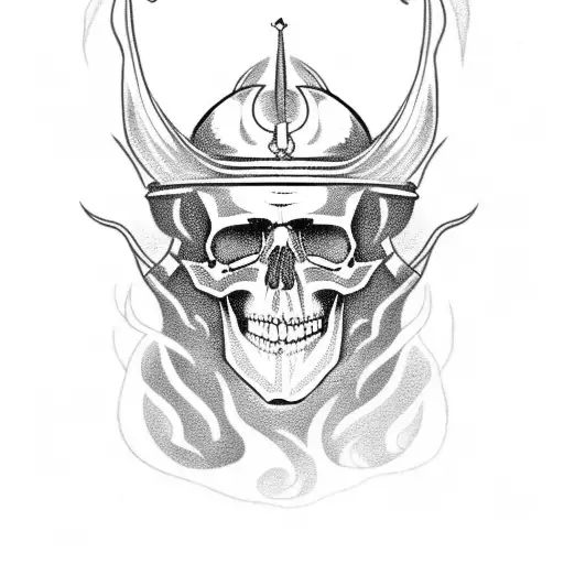 Skull with Viking helmet surrounded by flames tattoo design idea