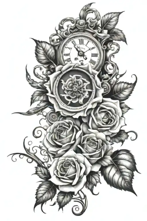 Greek mythology, roses, clock, eyeball growing thorny vines tattoo design idea