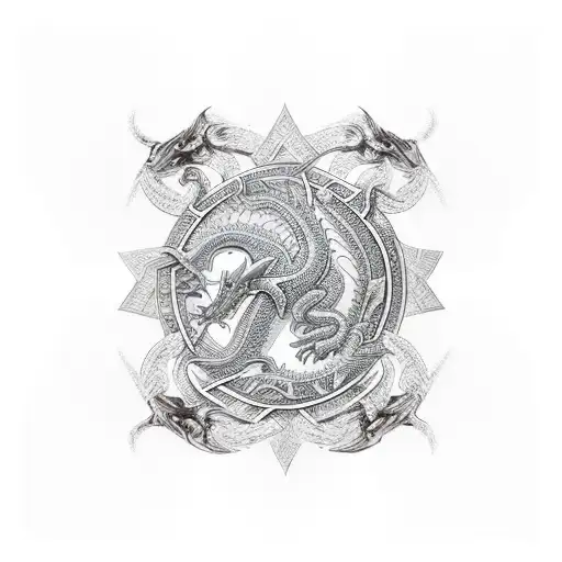 An intricate design of crossed swords with dragon scales pattern tattoo design idea