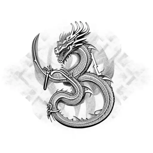 An intricate design of crossed swords with dragon scales pattern tattoo design idea