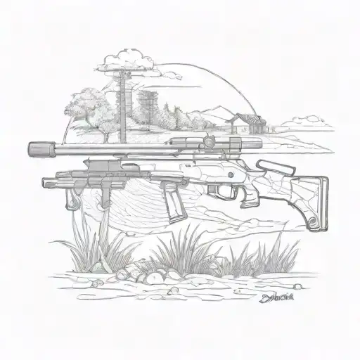 sniper rifle and farm landscape tattoo design idea