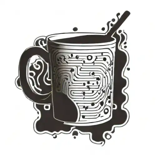 A coffee cup with a steaming binary code pattern, intertwined with guitar frets tattoo design idea