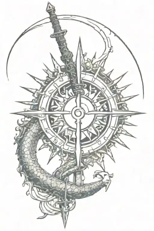 sword, sun, moon, cyber sigilism,snake tattoo design idea