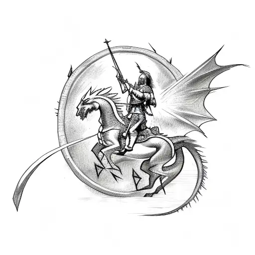 A sketch-like tattoo of Saint George on his horse, battling a dragon in a pine forest tattoo design idea