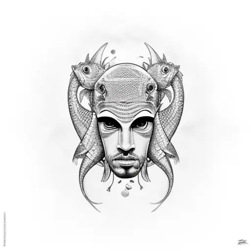 A realistic portrait of a rapper with a fish-inspired face tattoo tattoo design idea