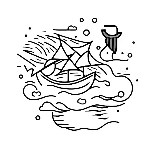 A small boat navigating through a stormy sea, with a beacon of light shining in the distance tattoo design idea