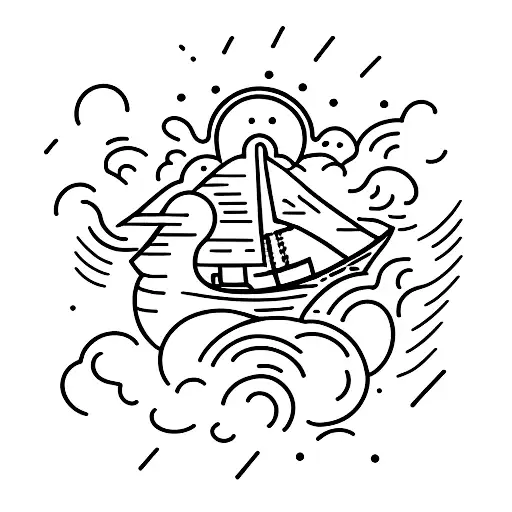 A small boat navigating through a stormy sea, with a beacon of light shining in the distance tattoo design idea