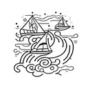 A small boat navigating through a stormy sea, with a beacon of light shining in the distance tattoo design idea