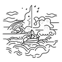 A small boat navigating through a stormy sea, with a beacon of light shining in the distance tattoo design idea