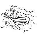 A small boat navigating through a stormy sea, with a beacon of light shining in the distance tattoo design idea