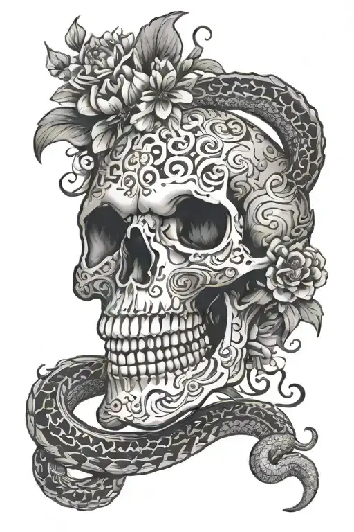 skull snake chrysanthemum filigree  tattoo design idea