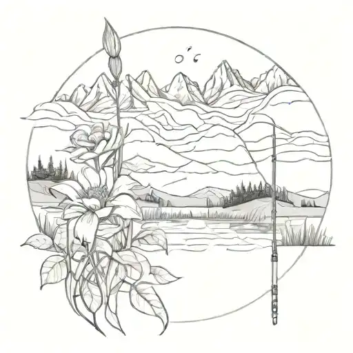 flowers growing in valley with pond and mountain range in background and a fishing pole  tattoo design idea