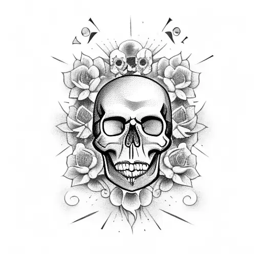 Skull emerging from a tombstone with eyes made of cemetery flowers tattoo design idea