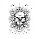 Skull emerging from a tombstone with eyes made of cemetery flowers tattoo design idea