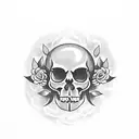 Skull emerging from a tombstone with eyes made of cemetery flowers tattoo design idea