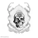 Skull emerging from a tombstone with eyes made of cemetery flowers tattoo design idea