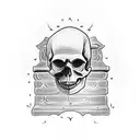 Skull emerging from a tombstone with eyes made of cemetery flowers tattoo design idea