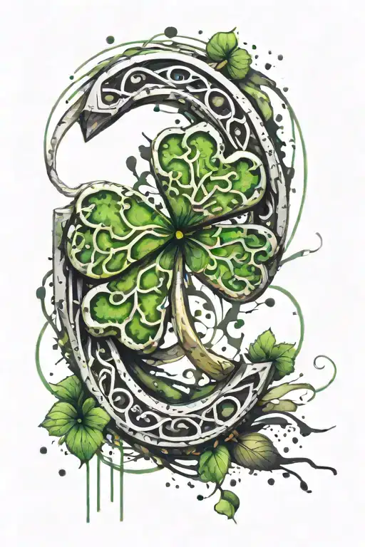 A horseshoe with a four-leaf clover, behind the horseshoe from below there are colored splashes of watercolor. On the background there are black abstract brush strokes and h tattoo design idea