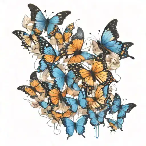 cluster of vivid blue butterflies fluttering around an AFib EKG strip. to flat line and blue jay going to heaven tattoo design idea