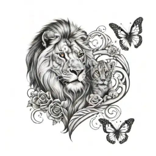 lion and cub butterflies hearts and queen and prince  tattoo design idea