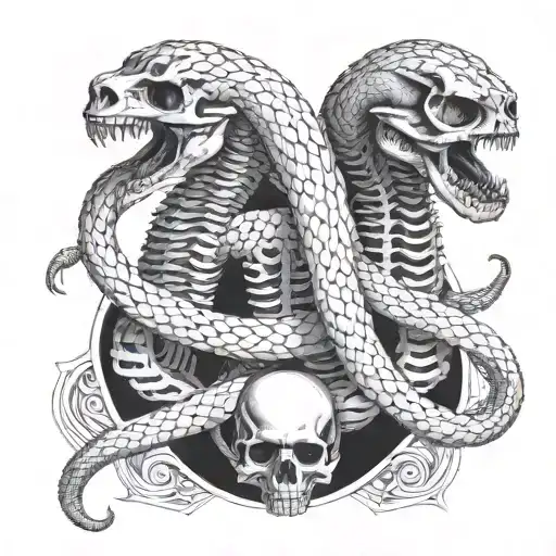 Two headed snake, full body skeleton, lines only, Gustav Doré meets HR Giger tattoo design idea