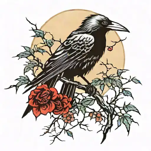 moonlight shining on a crow perched on vine with thorns tattoo design idea