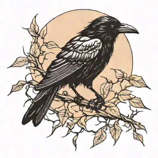 moonlight shining on a crow perched on vine with thorns  tattoo design idea