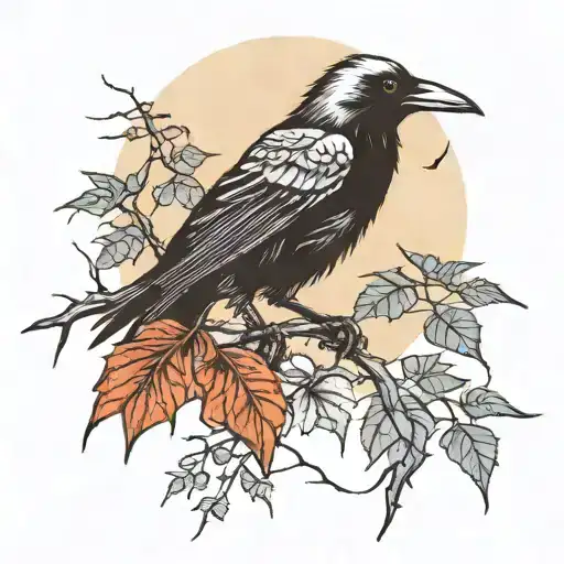 moonlight shining on a crow perched on vine with thorns  tattoo design idea