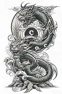 dragon flying over a tiger on the beach coming out of a bamboo forest with a ying yang sun opposite the dragon tattoo design idea