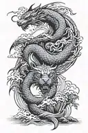 dragon flying over a tiger on the beach coming out of a bamboo forest with a ying yang sun opposite the dragon tattoo design idea