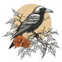 moonlight shining on a crow perched on vine with thorns  tattoo design idea