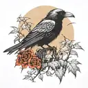 moonlight shining on a crow perched on vine with thorns  tattoo design idea