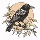 moonlight shining on a crow perched on vine with thorns  tattoo design idea