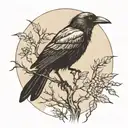 moonlight shining on a crow perched on vine with thorns  tattoo design idea
