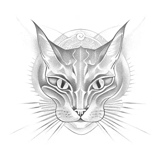 A cat and a skull intertwined, forming a yin and yang symbol, with rays of sunlight and smoke tattoo design idea